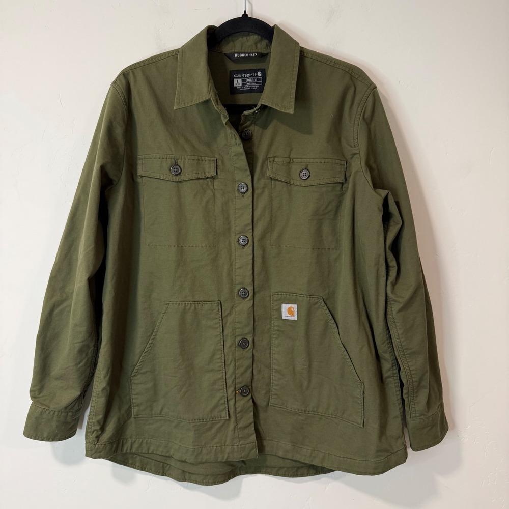 Carhartt Womens Twill Shirt Jacket L Green Rugged Flex Loose Fit 105049